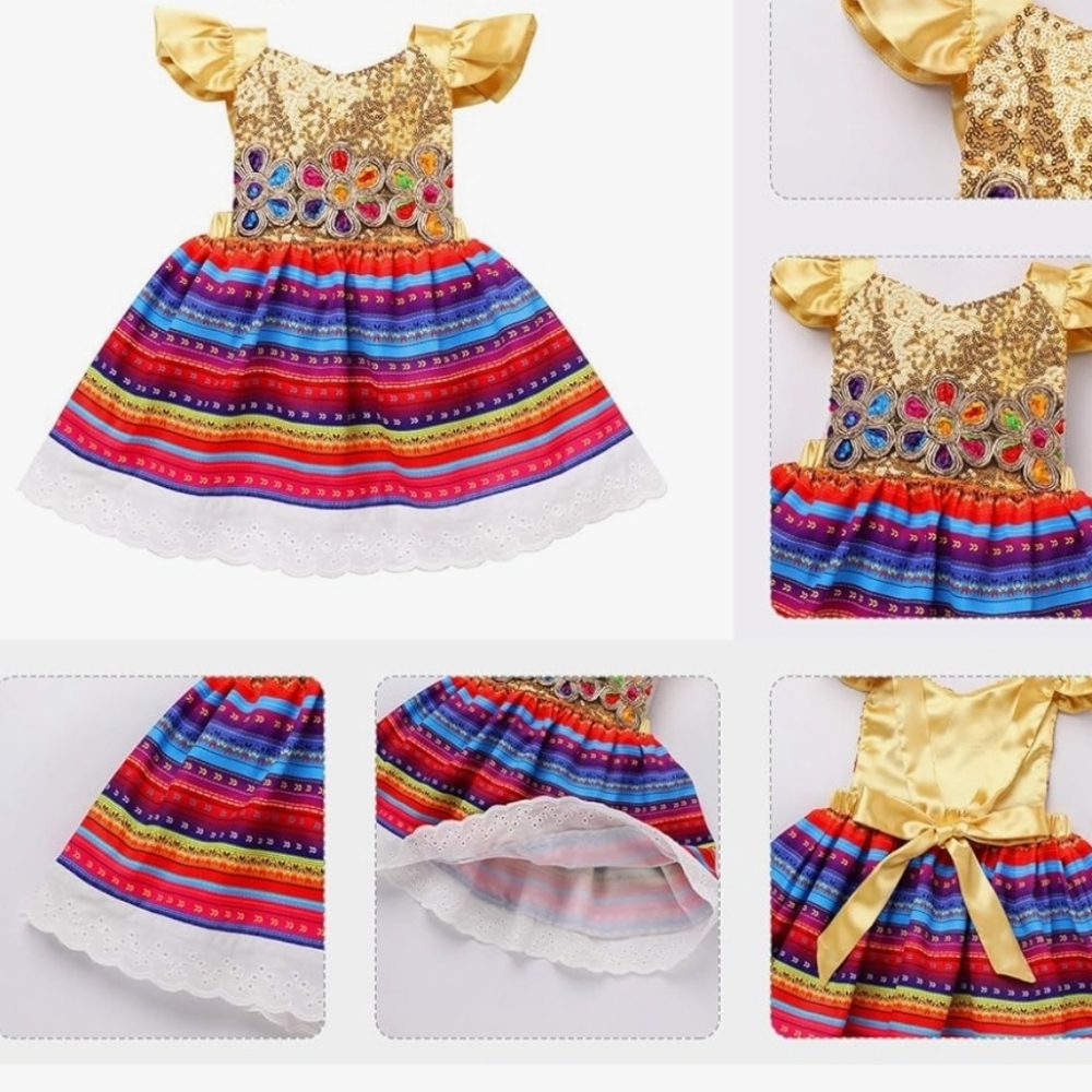 Colorful Serape Spanish Floral Dress with Gold Bodice